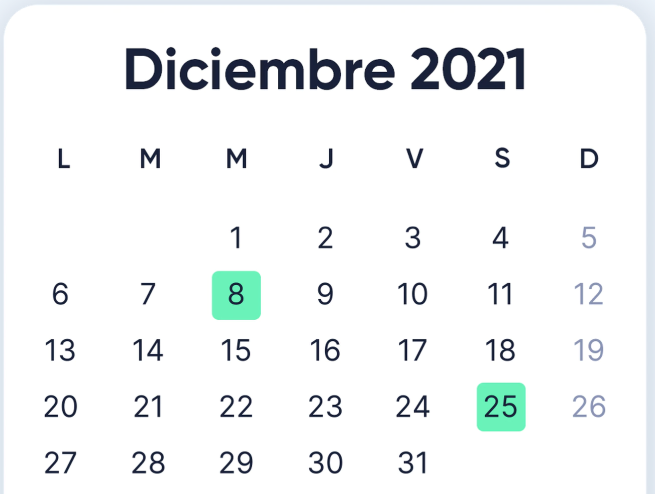 calendario diciembre